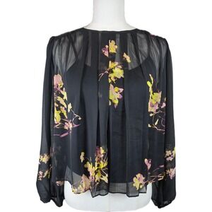 Vince Camuto Black Sheer Floral Cropped Pleated Blouse w/Back Button Closure